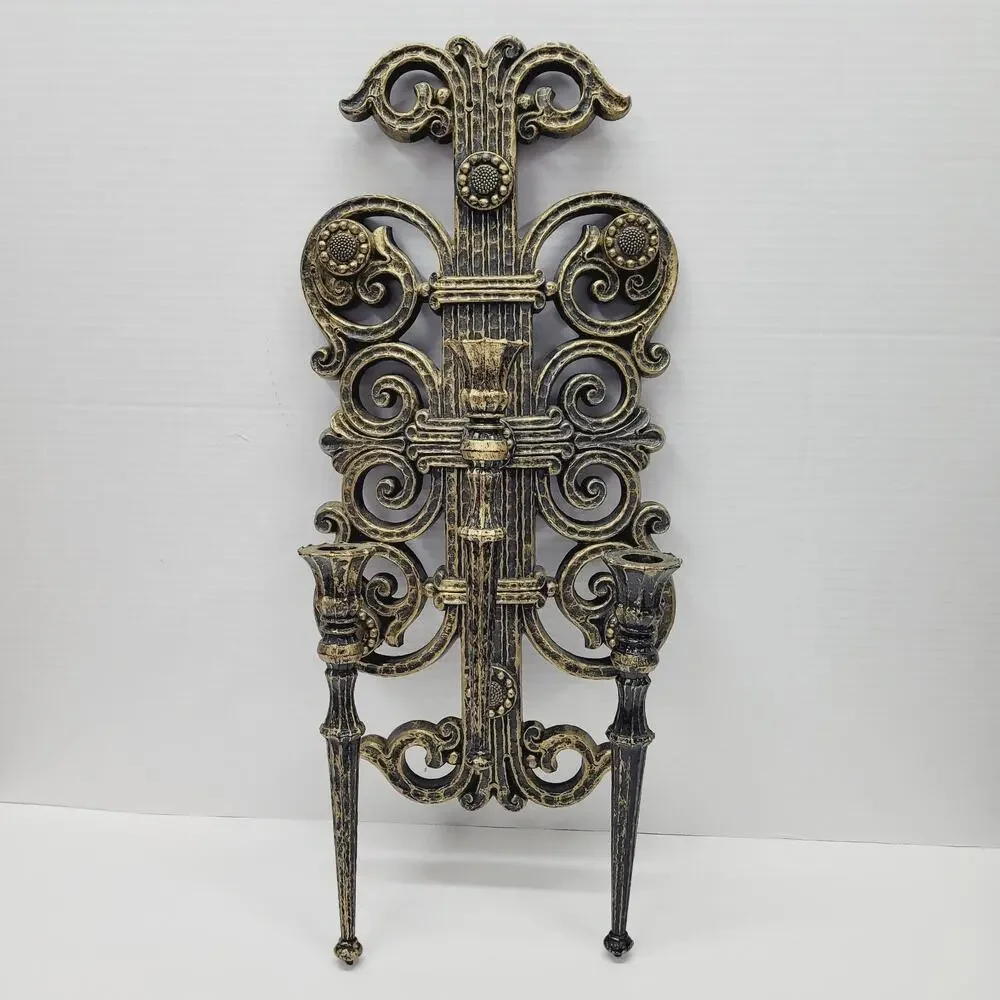Vintage Homco Gold Blsck Hollywood Regency 3 Candle Candelabra Wall Sconces Goth